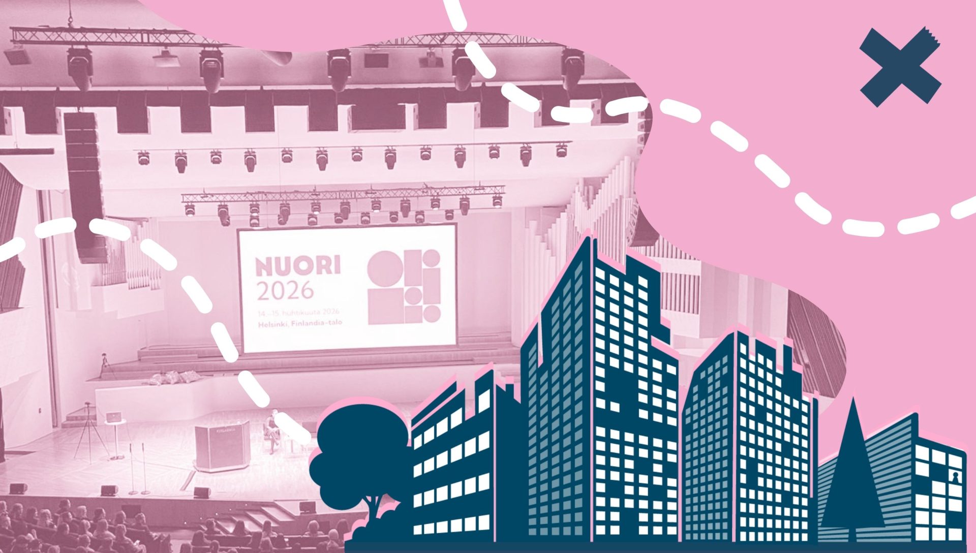 Taustalla kuva Nuori2026-päivien esiintymislavasta ja katsojista. Kuvan päällä aaltoileva vaaleanpunainen muoto, kerrostalojen muotoinen sininen piirretty rakennus, kiemurtelevia katkoviivoja, sekä NALin rastinmuotoinen elementti.