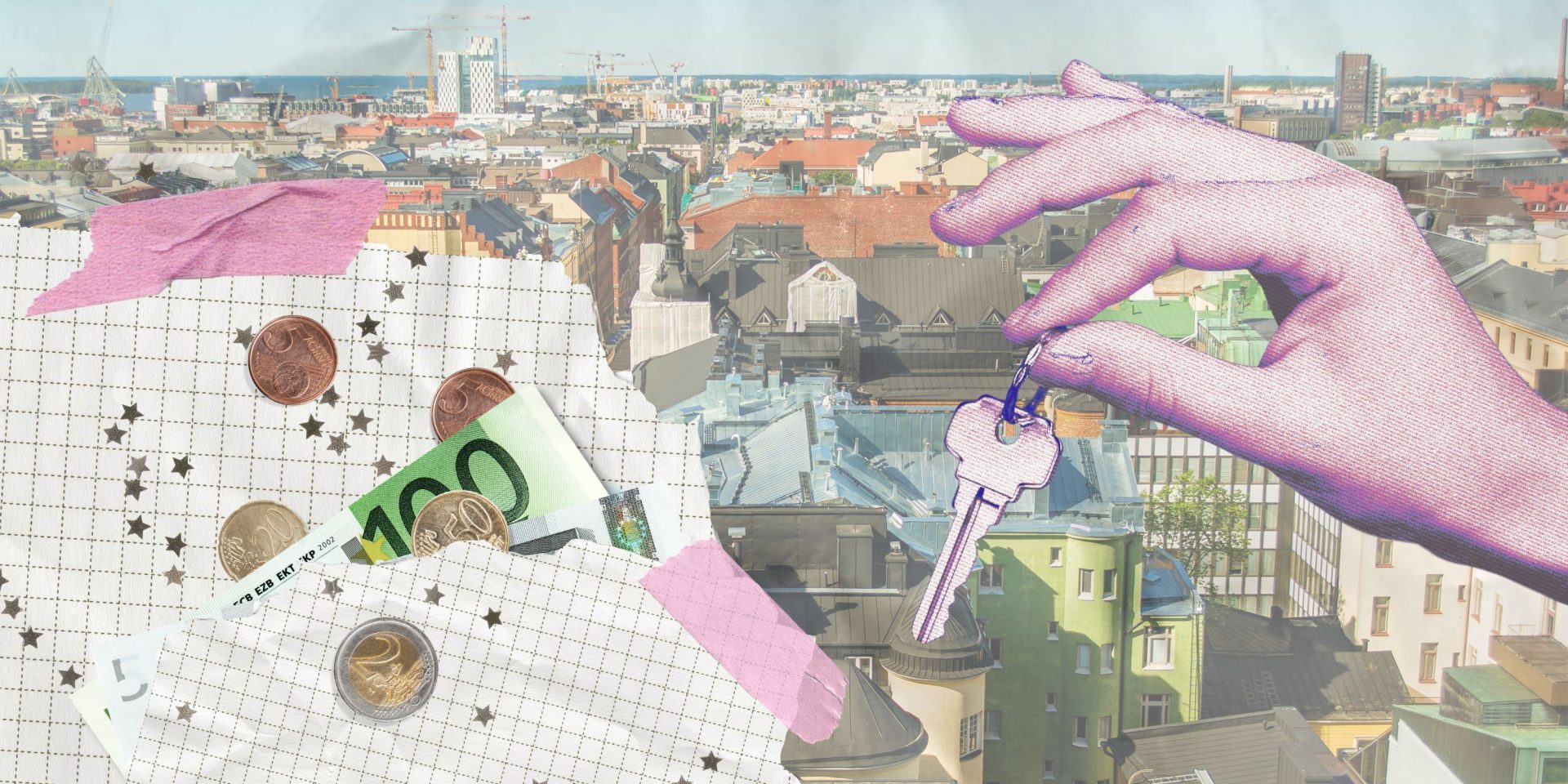 Kuvassa käsi pitelee asunnon avainnippua etusormen ja peukalon välissä roikkuen. Kuvassa on myös papereita, joiden välissä on glitteriä, kolikoita ja muutama seteli. Kuvan taustalla on maisemakuva kerrostaloista.