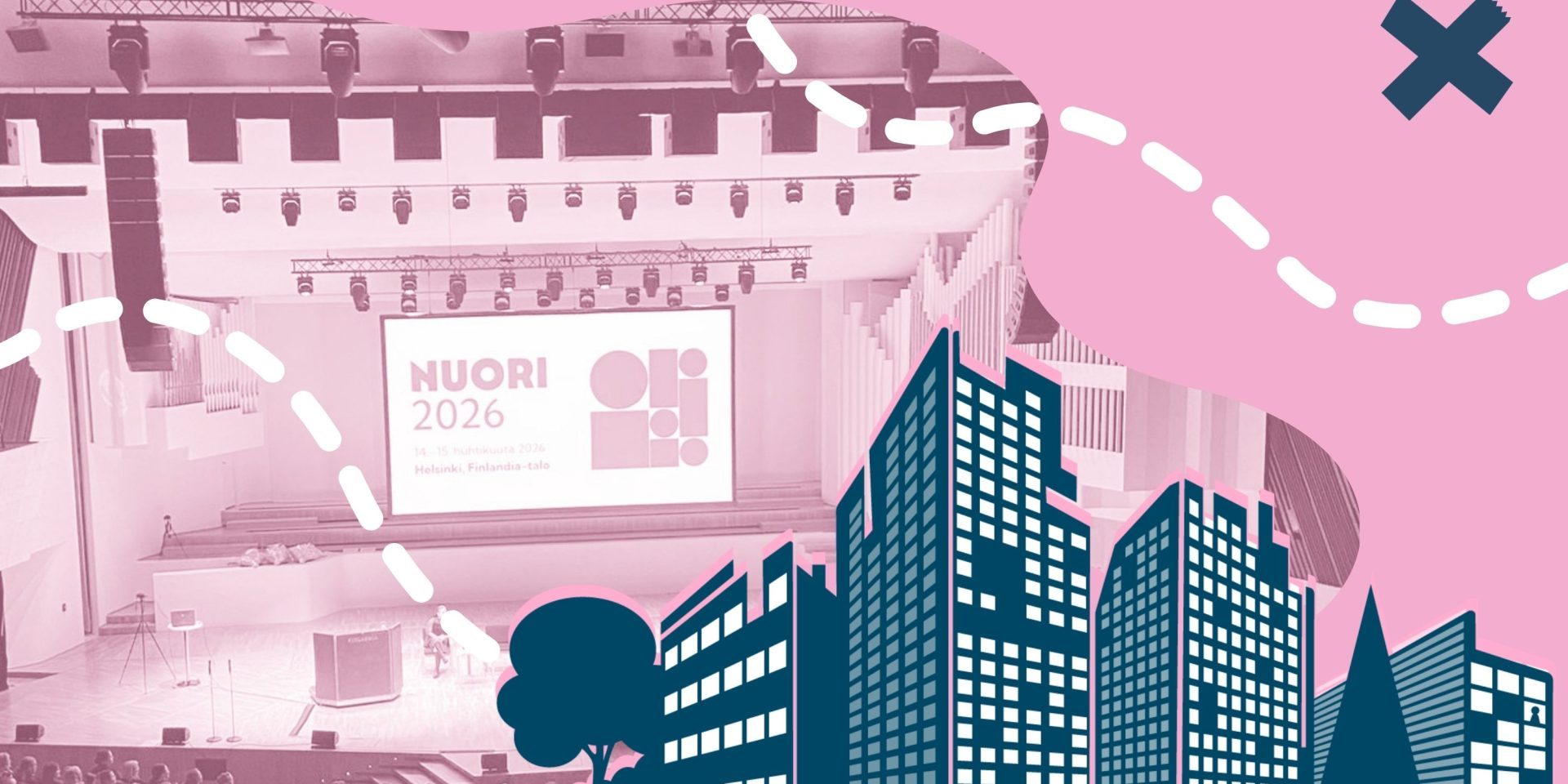 Taustalla kuva Nuori2026-päivien esiintymislavasta ja katsojista. Kuvan päällä aaltoileva vaaleanpunainen muoto, kerrostalojen muotoinen sininen piirretty rakennus, kiemurtelevia katkoviivoja, sekä NALin rastinmuotoinen elementti.
